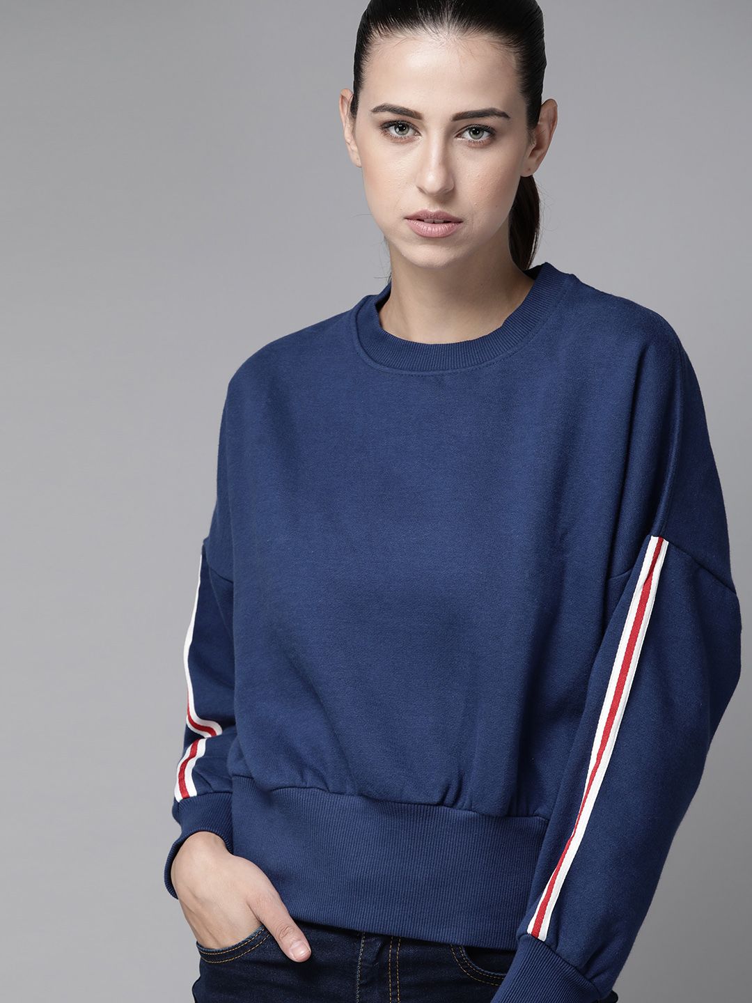 Roadster Women Navy Blue Solid Puff Sleeves Sweatshirt Price in India