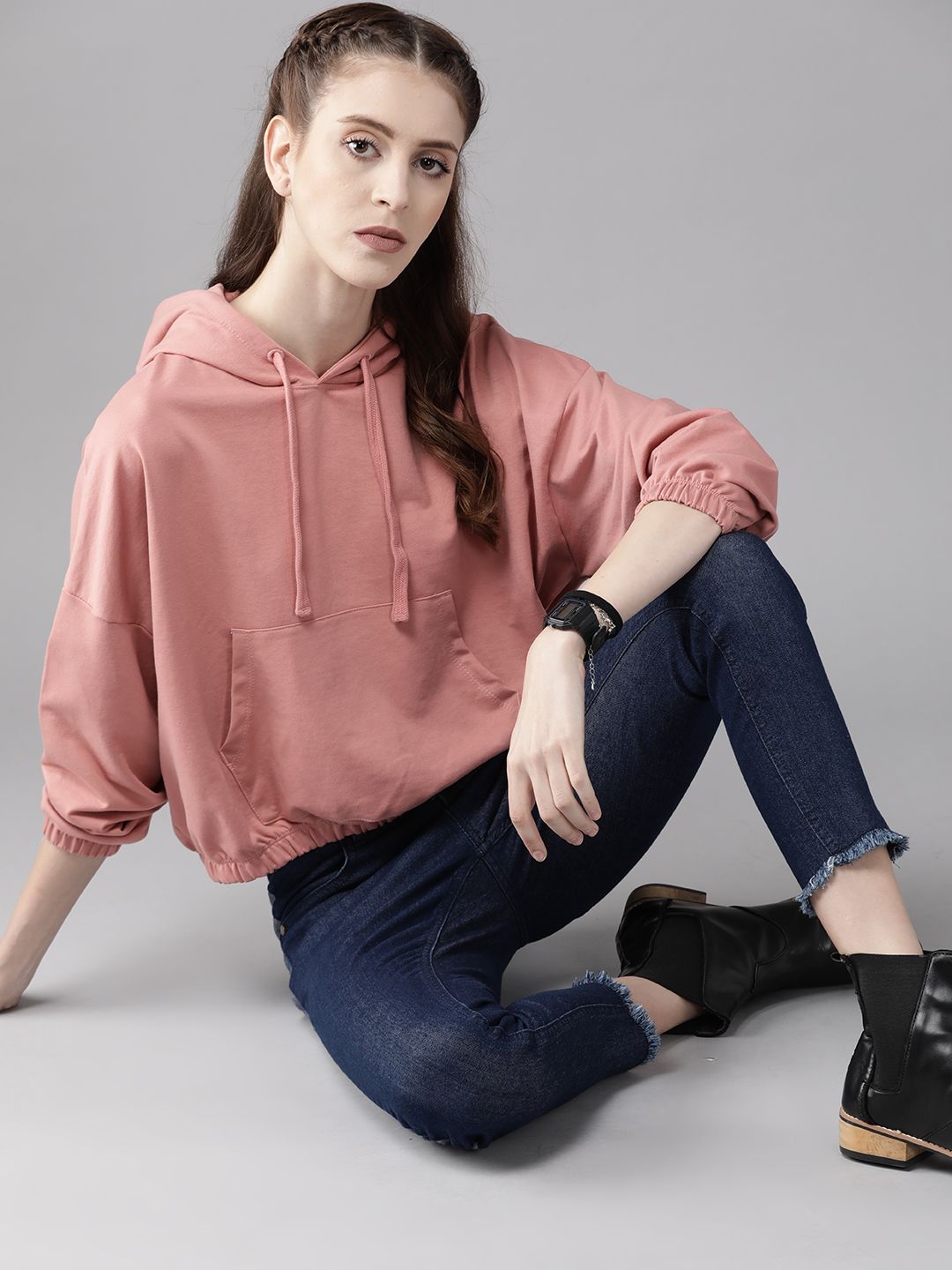 Roadster Women Peach-Coloured Solid Oversized Hooded Sweatshirt Price in India