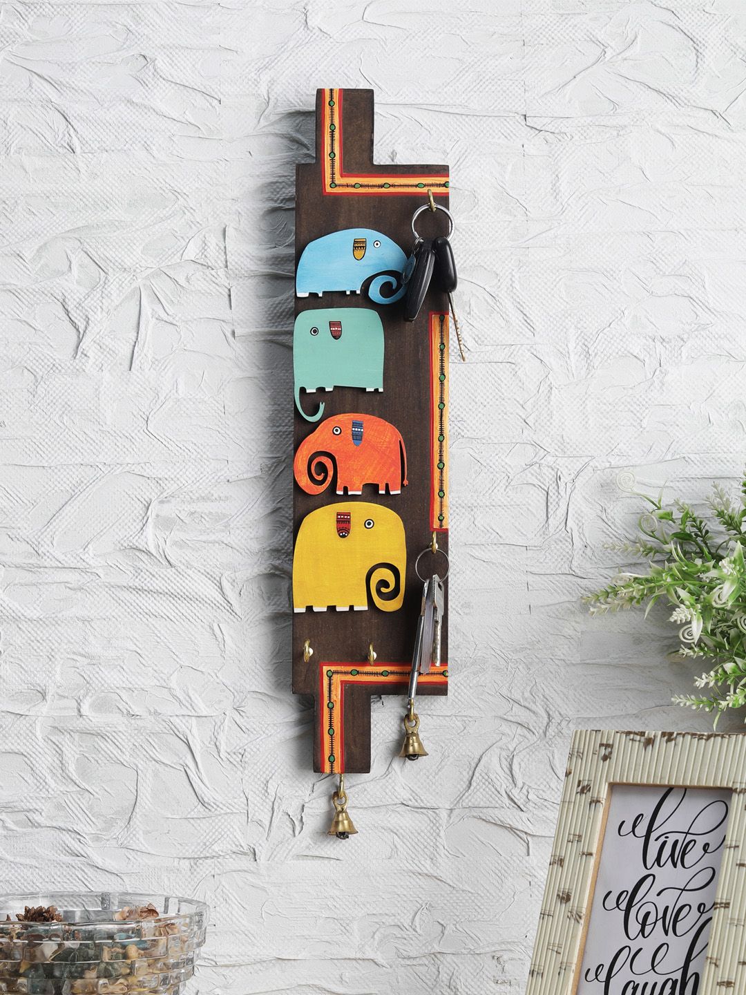 VarEesha Brown & Blue Handcrafted Elephant Family Of Four Key Holder Price in India