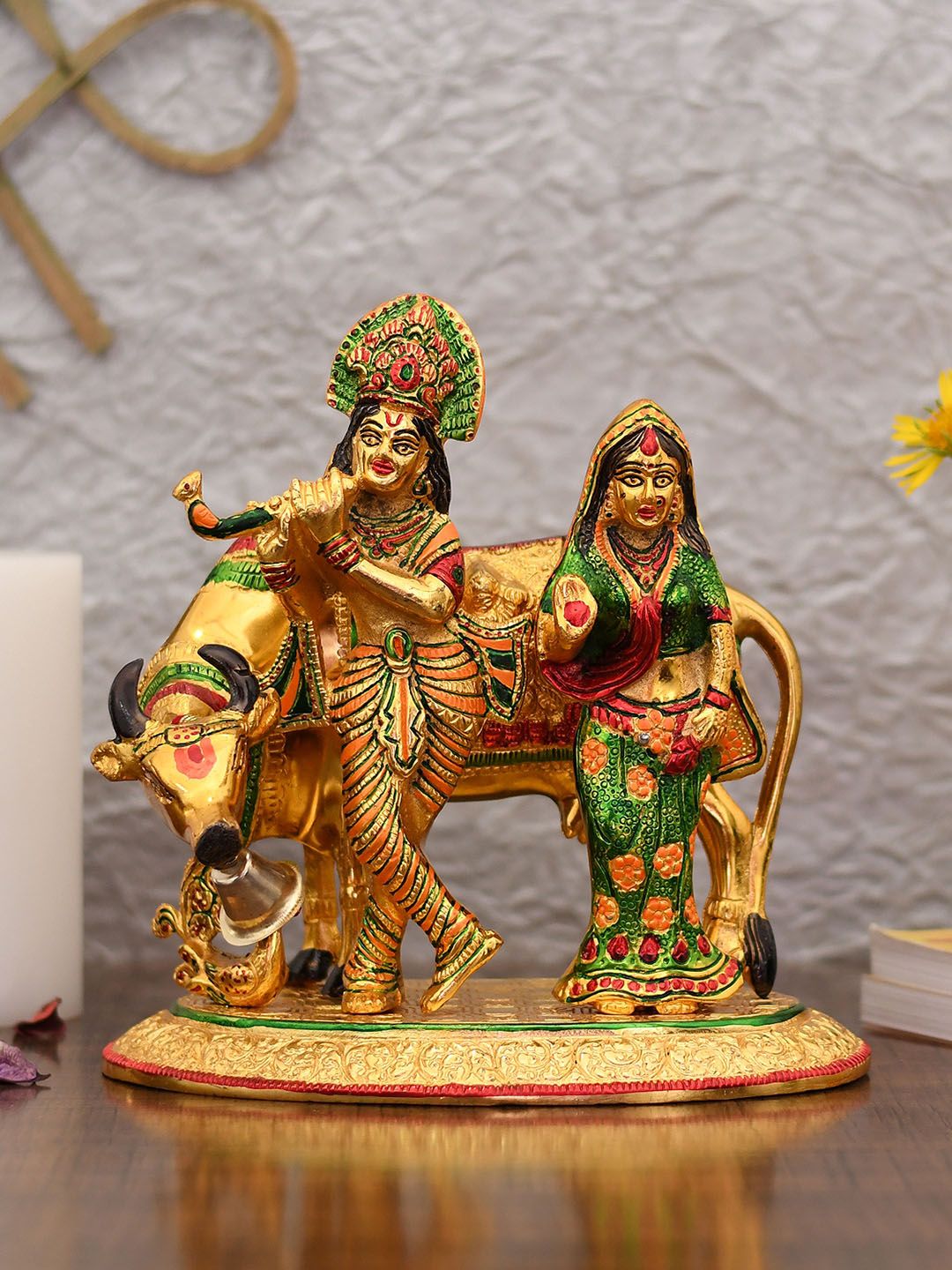 CraftVatika Gold-Toned & Green Metal Radha Krishna Kamdhenu Murti Showpiece Price in India