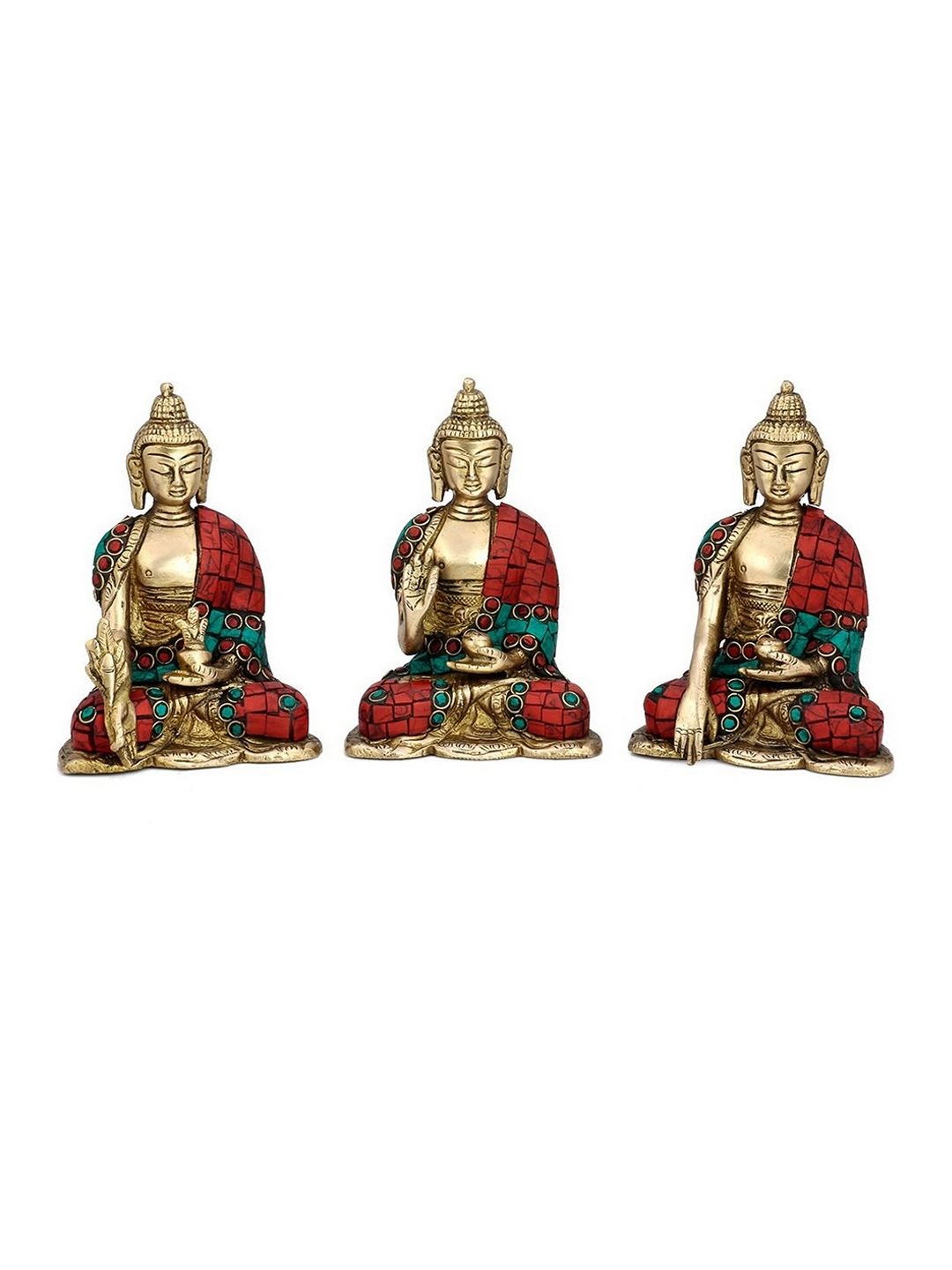 CraftVatika Set of 3 Gold-Toned & Red Buddha Blessing Medicine Meditating Idol Showpieces Price in India