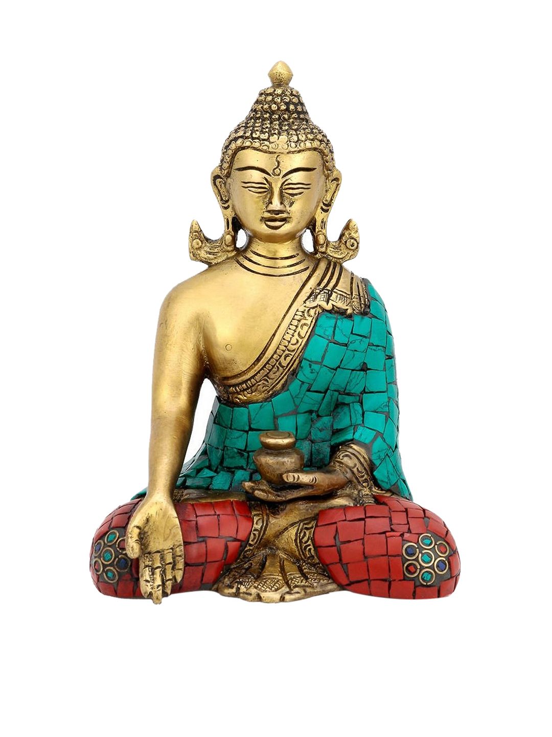 CraftVatika Gold-Toned & Green Lord Buddha Brass Sitting Position Statue Showpiece Price in India