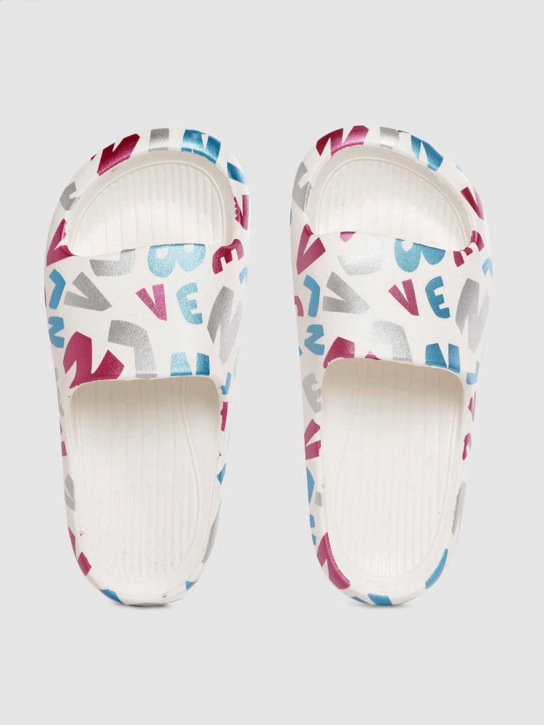 Mast & Harbour Women White & Silver-Toned Typography Print Sliders Price in India