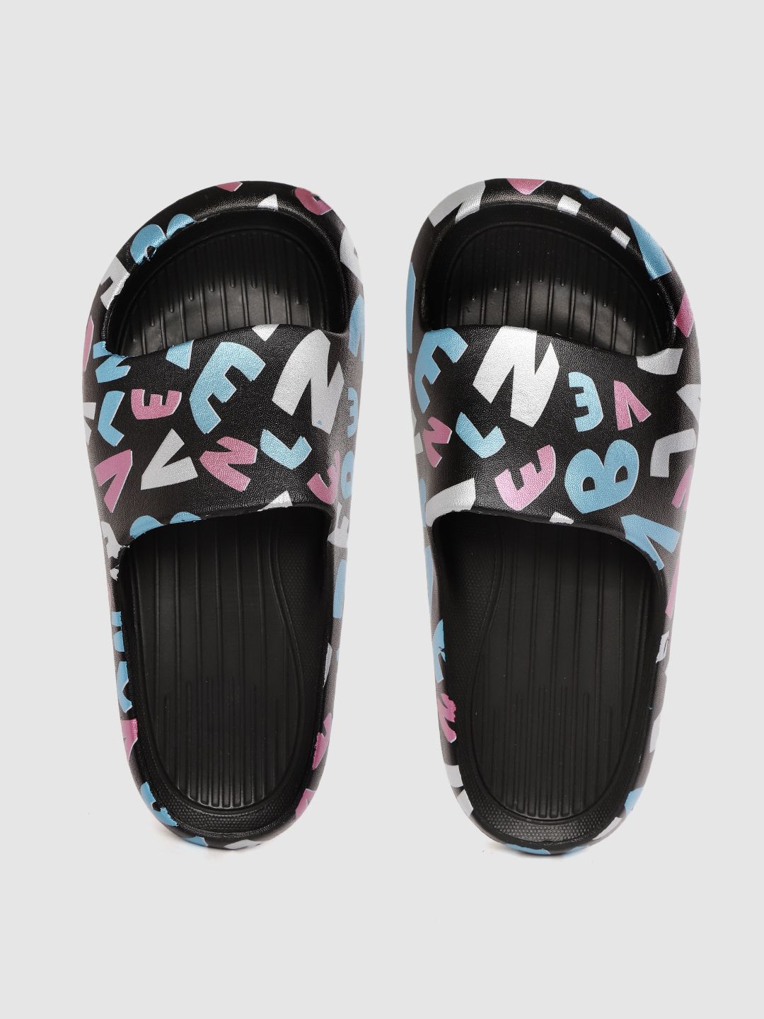 Mast & Harbour Women Black & Blue Alphabet Print Sliders Price in India