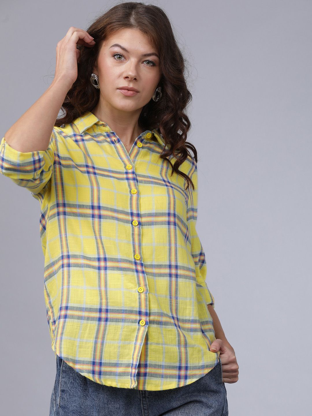 Tokyo Talkies Women Yellow & Blue Regular Fit Checked Casual Shirt