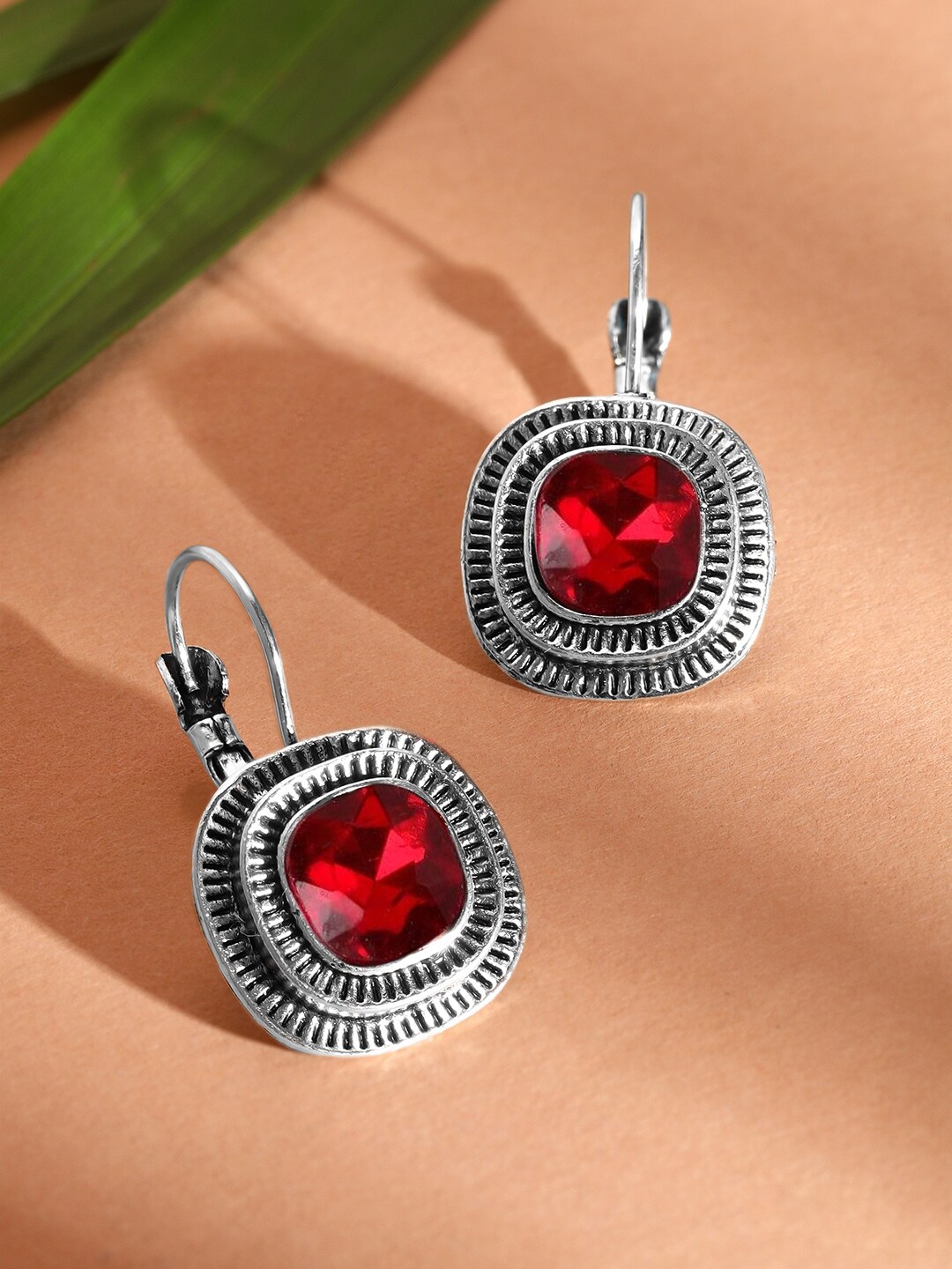 Rubans Silver-Toned & Maroon Oxidised Geometric Drop Earrings Price in India