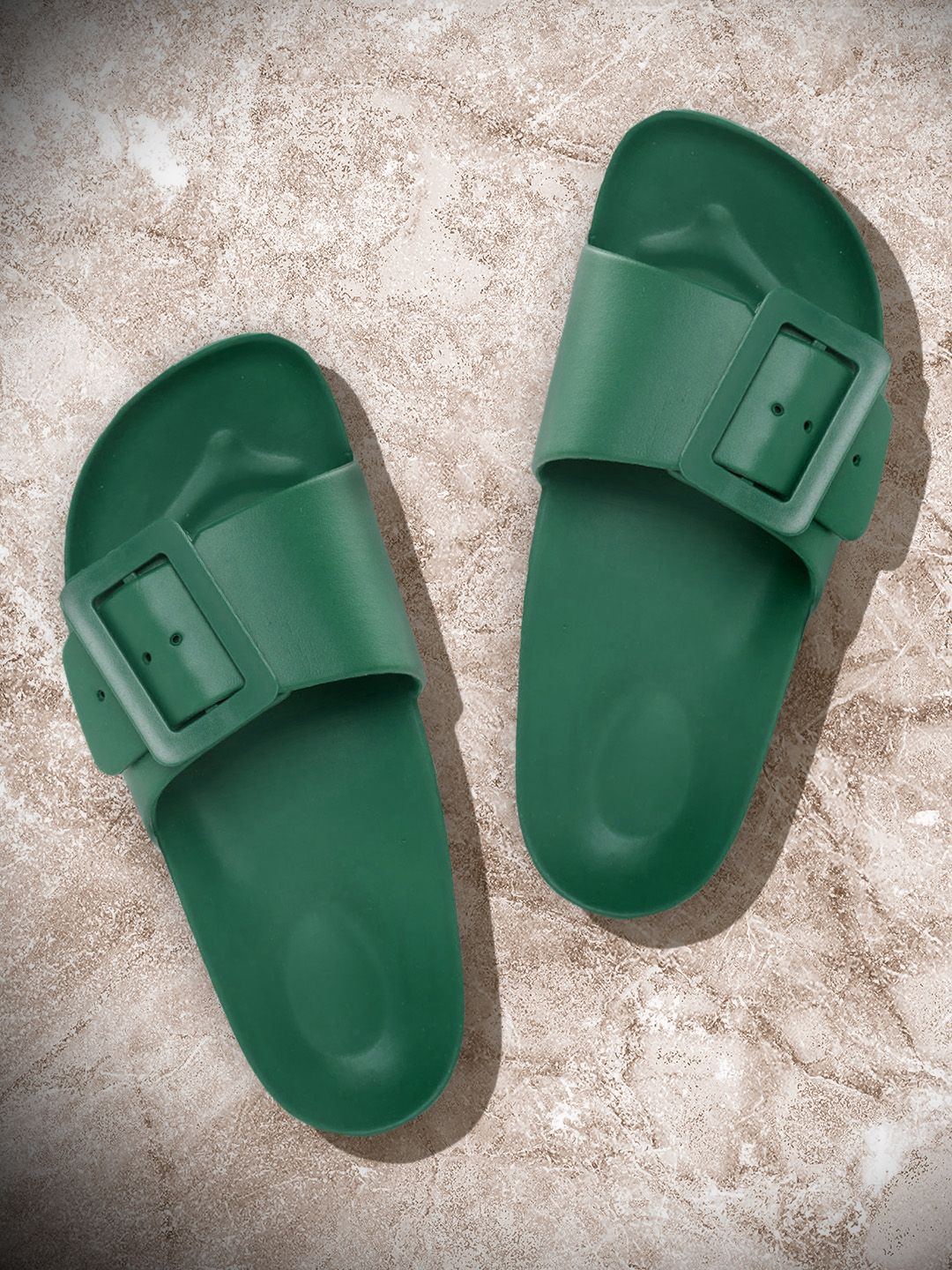 Roadster Women Green Solid Sliders with Buckle Detail Price in India