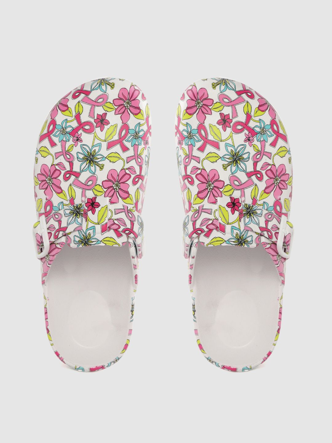 Kook N Keech Women White & Pink Floral Print Clogs Price in India