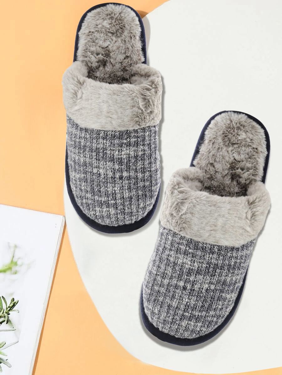 Roadster Women Navy Blue & Off-White Woven Design Room Slippers with Faux Fur Detail Price in India