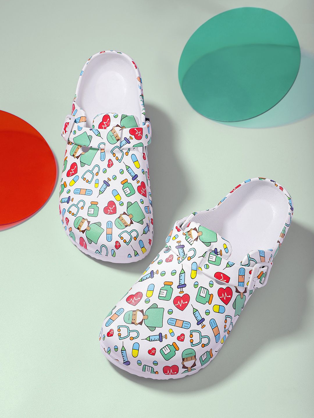 Kook N Keech Women White & Green Conversational Print Clogs with Buckle Detail Price in India