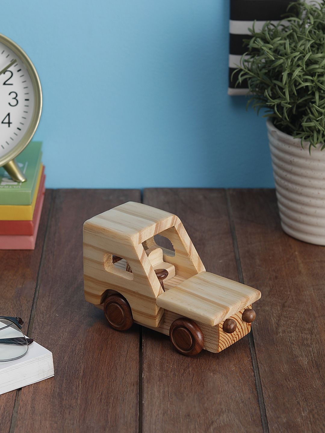 VarEesha Brown & Beige Handcrafted Pine & Sheesham Wood Jeep Shaped Decorative  Showpiece Price in India