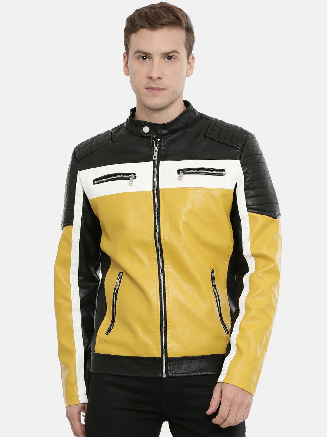 SHOWOFFFF Men Yellow & Black Colourblocked Water Resistant Biker Jacket