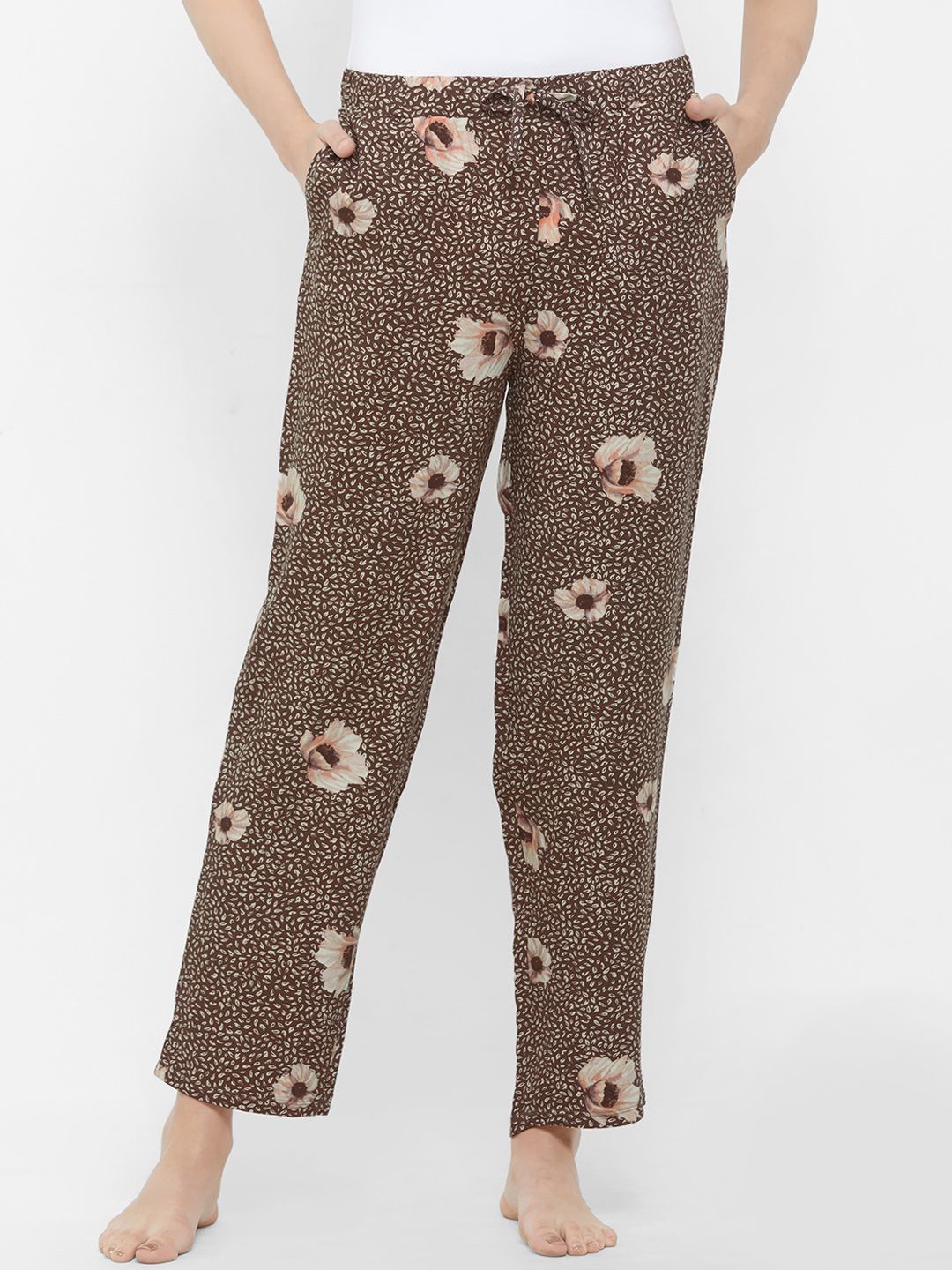 SOIE Women Brown & Off-White Floral Print Lounge Pants Price in India