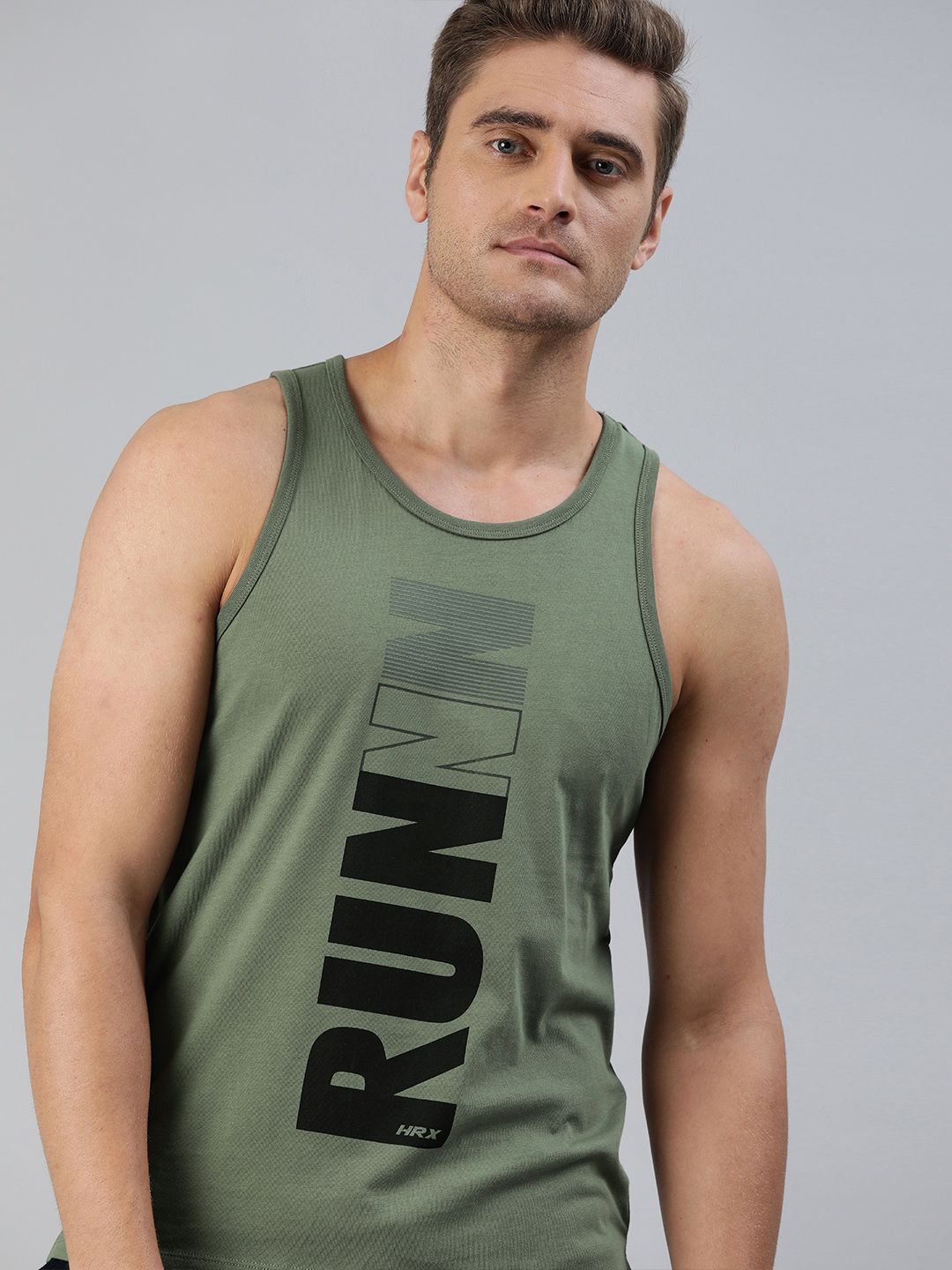 HRX by Hrithik Roshan Men Olive Green Solid Pure Cotton Bio-Wash Running Tank Top