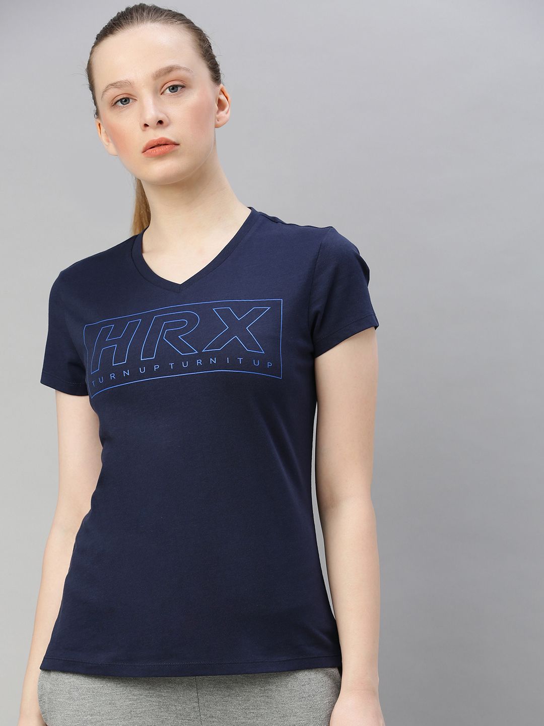 HRX by Hrithik Roshan Women Navy Blue Brand Logo Print Bio-Wash Running Pure Cotton T-shirt Price in India