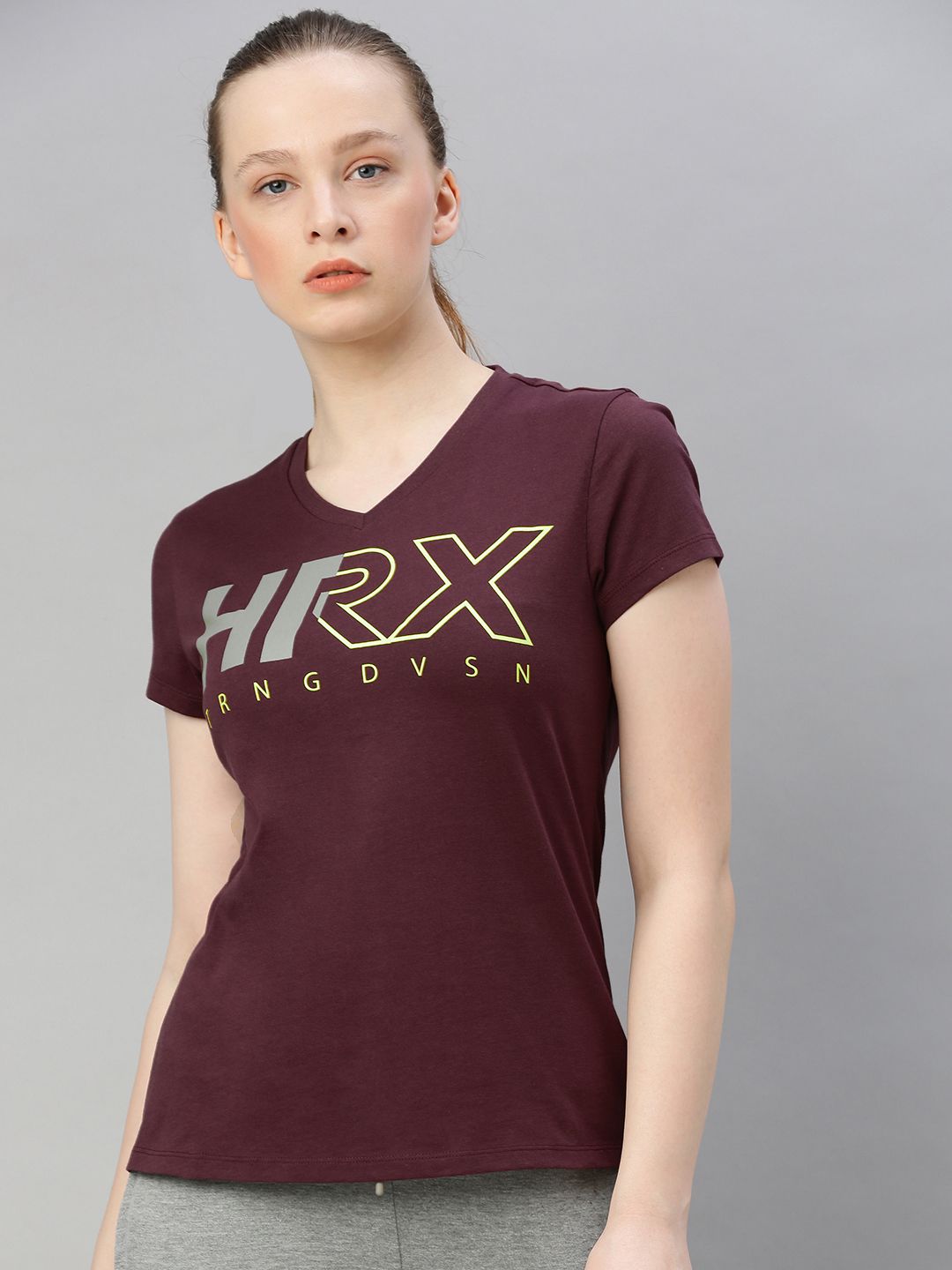 HRX by Hrithik Roshan Women Sassatres Burgundy Solid Bio-Wash Training Tshirts Price in India