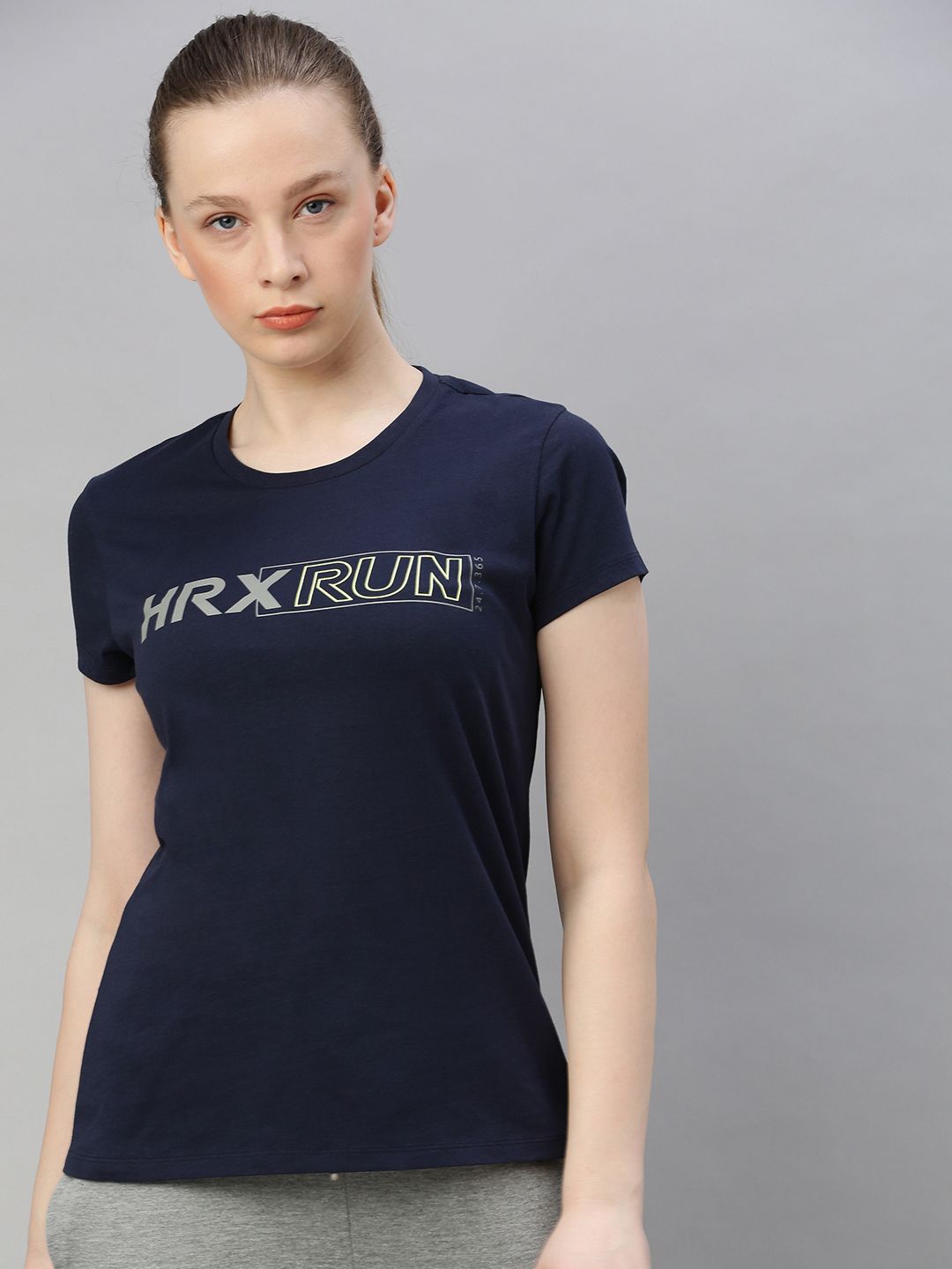 HRX by Hrithik Roshan Women Navy Solid Bio-Wash Running Pure Cotton T-shirts Price in India