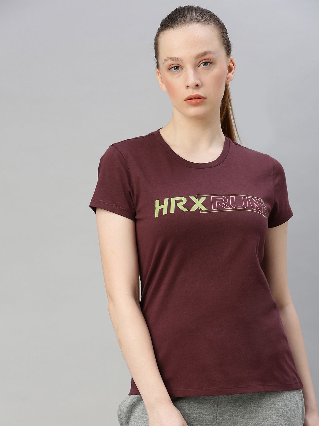 HRX by Hrithik Roshan Women Burgundy Solid Bio-Wash Running Pure Cotton T-shirts Price in India