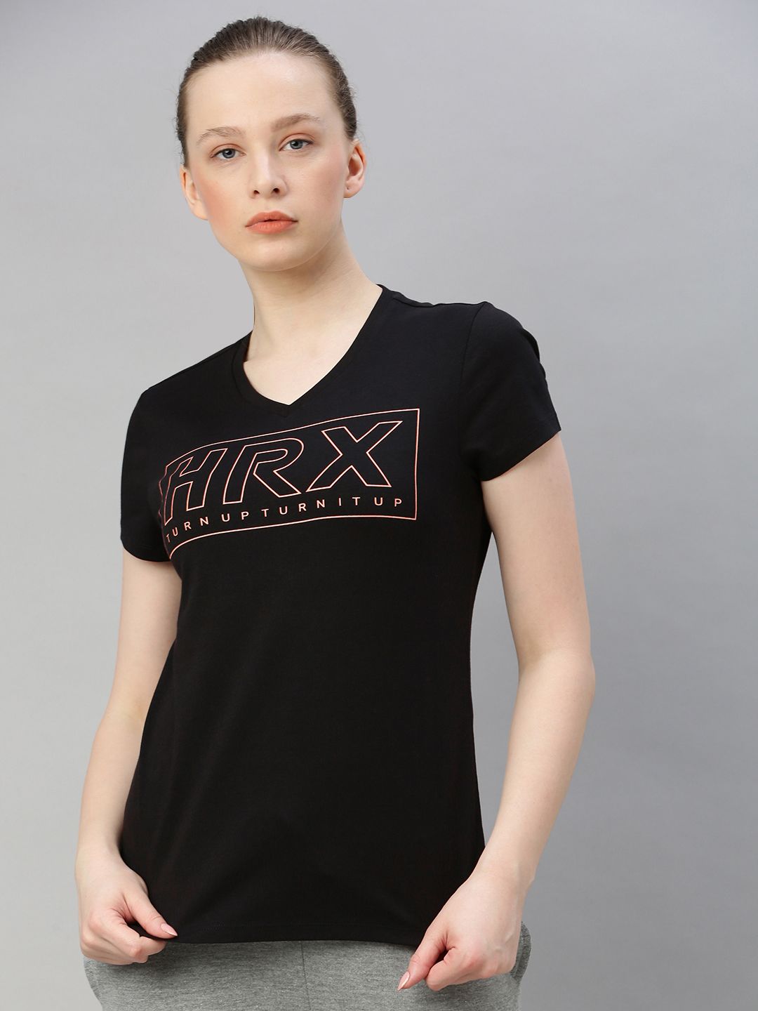 HRX by Hrithik Roshan Women Black Solid Bio-Wash Running Pure Cotton T-shirt Price in India