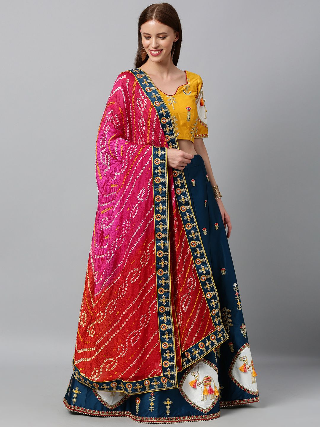 panchhi Teal Blue & Mustard Yellow Embroidered Semi-Stitched Lehenga Choli