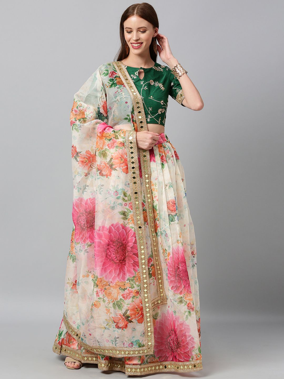 panchhi Cream-Coloured & Green Embroidered Semi-Stitched Lehenga & Unstitched Blouse with Dupatta