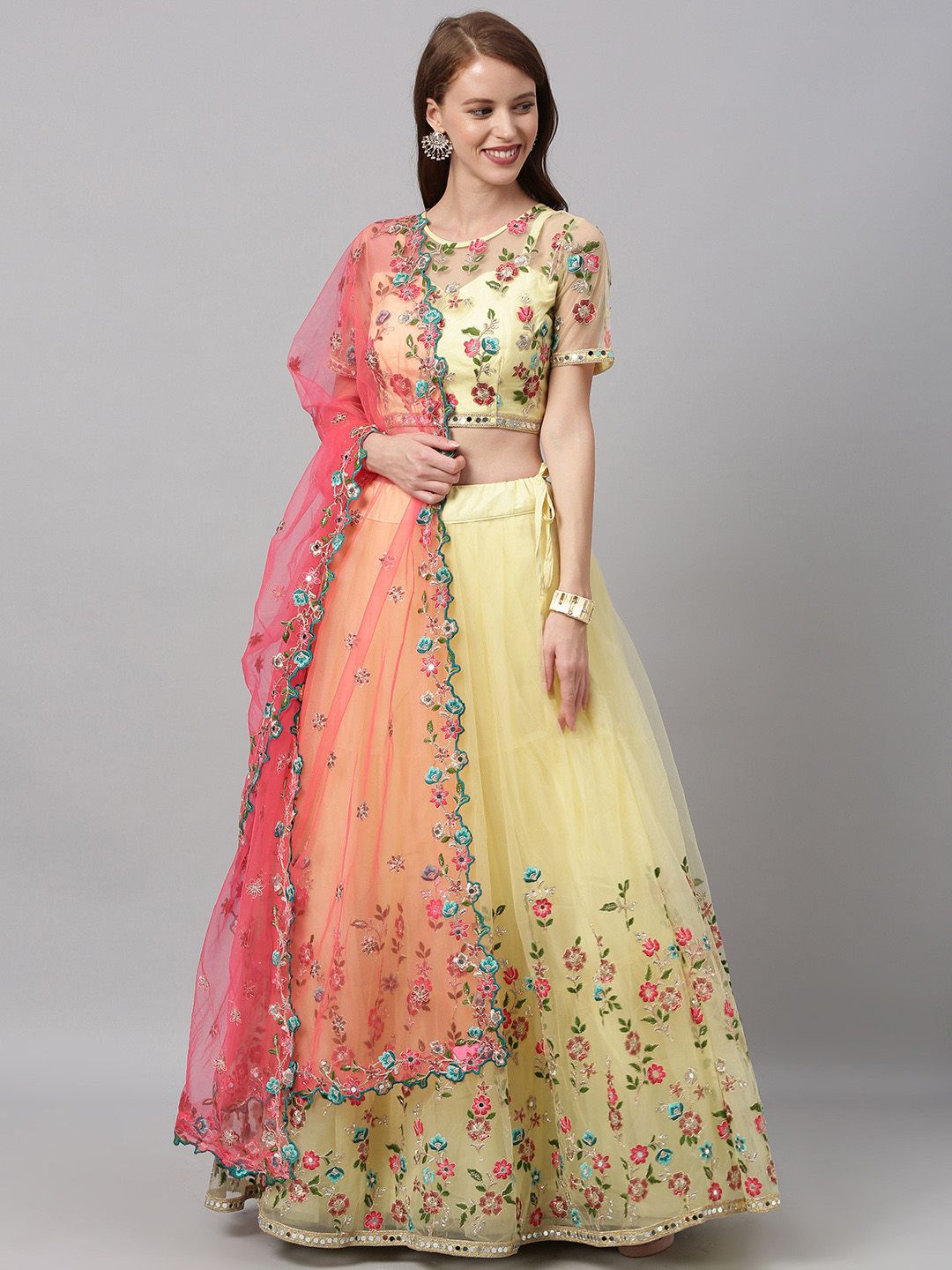 panchhi Yellow & Pink Embroidered Semi-Stitched Lehenga & Unstitched Blouse with Dupatta Price in India