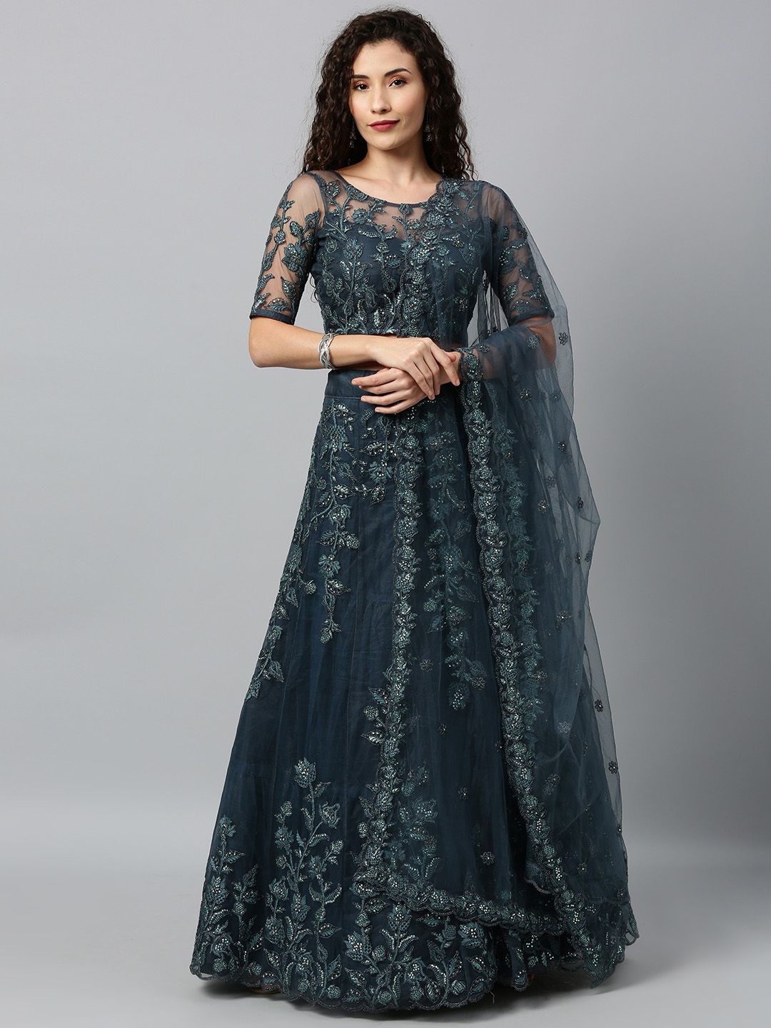 panchhi Teal Blue Embellished Semi-Stitched Lehenga & Unstitched Blouse with Dupatta Price in India
