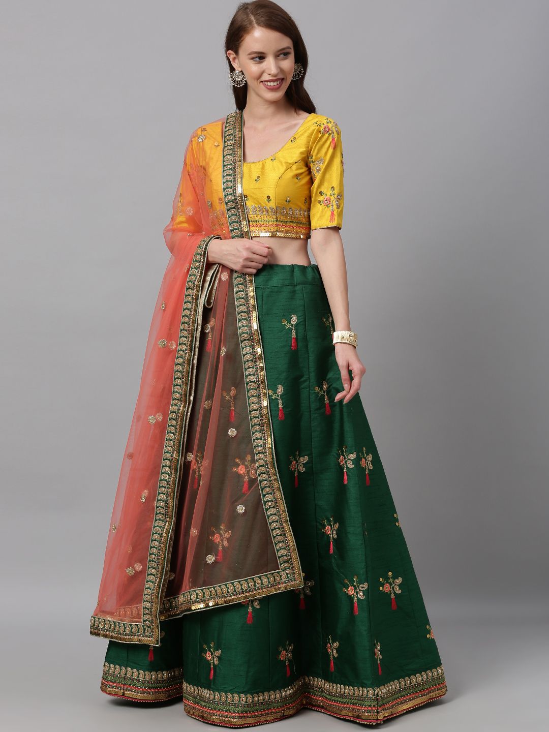 panchhi Green & Yellow Embellished Semi-Stitched Lehenga & Unstitched Blouse with Dupatta Price in India