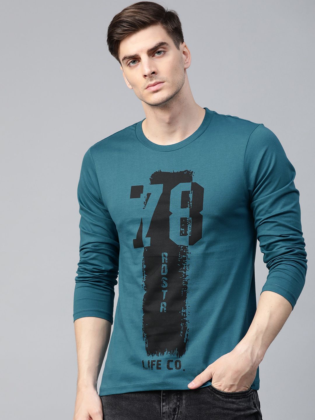 Roadster Men Teal Blue Printed Round Neck Cotton T-shirt