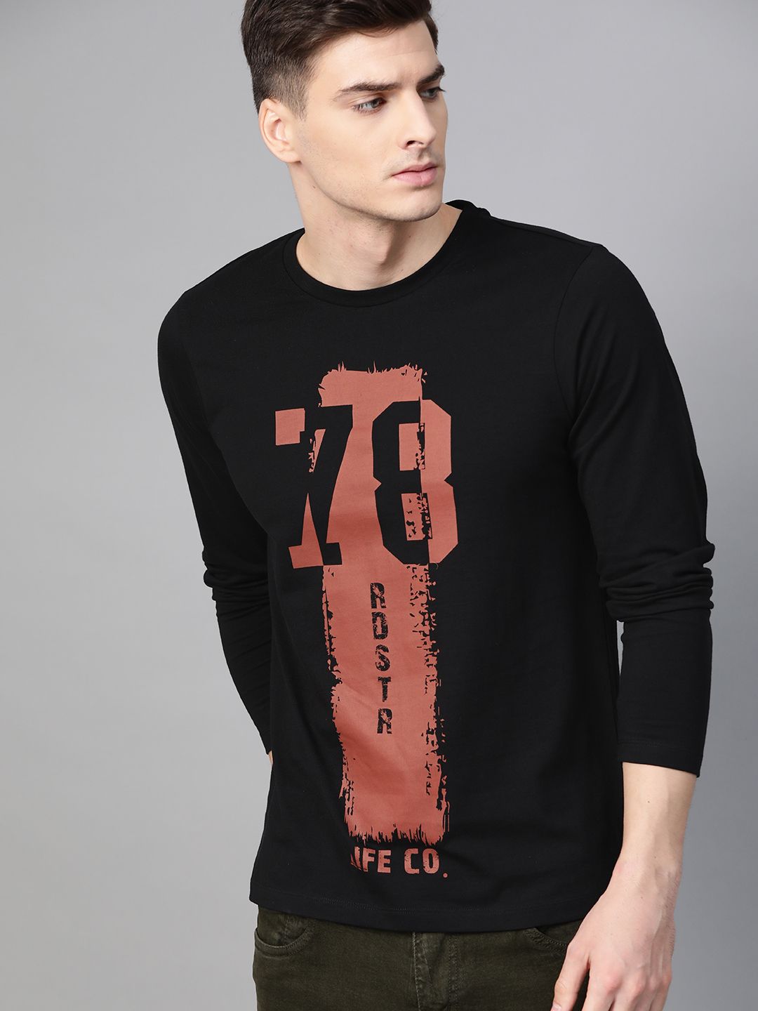 Roadster Men Black Rust Brown Printed Round Neck Cotton T-shirt