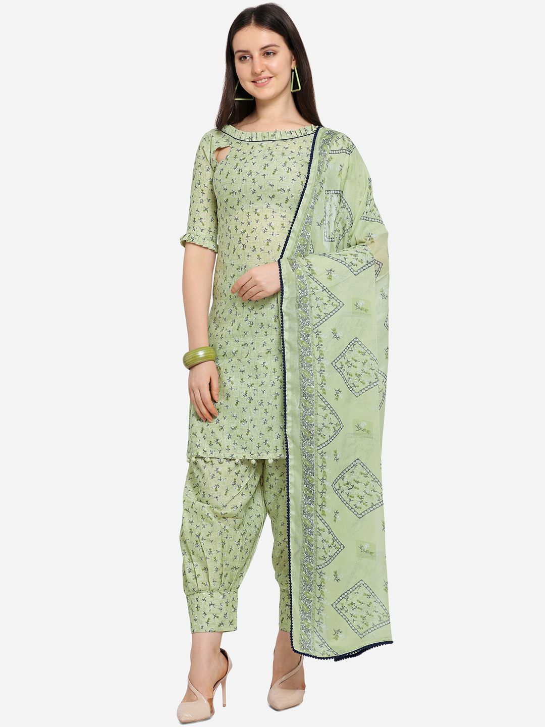 SHAVYA Green Cotton Blend Unstitched Floral Printed Dress Material Price in India