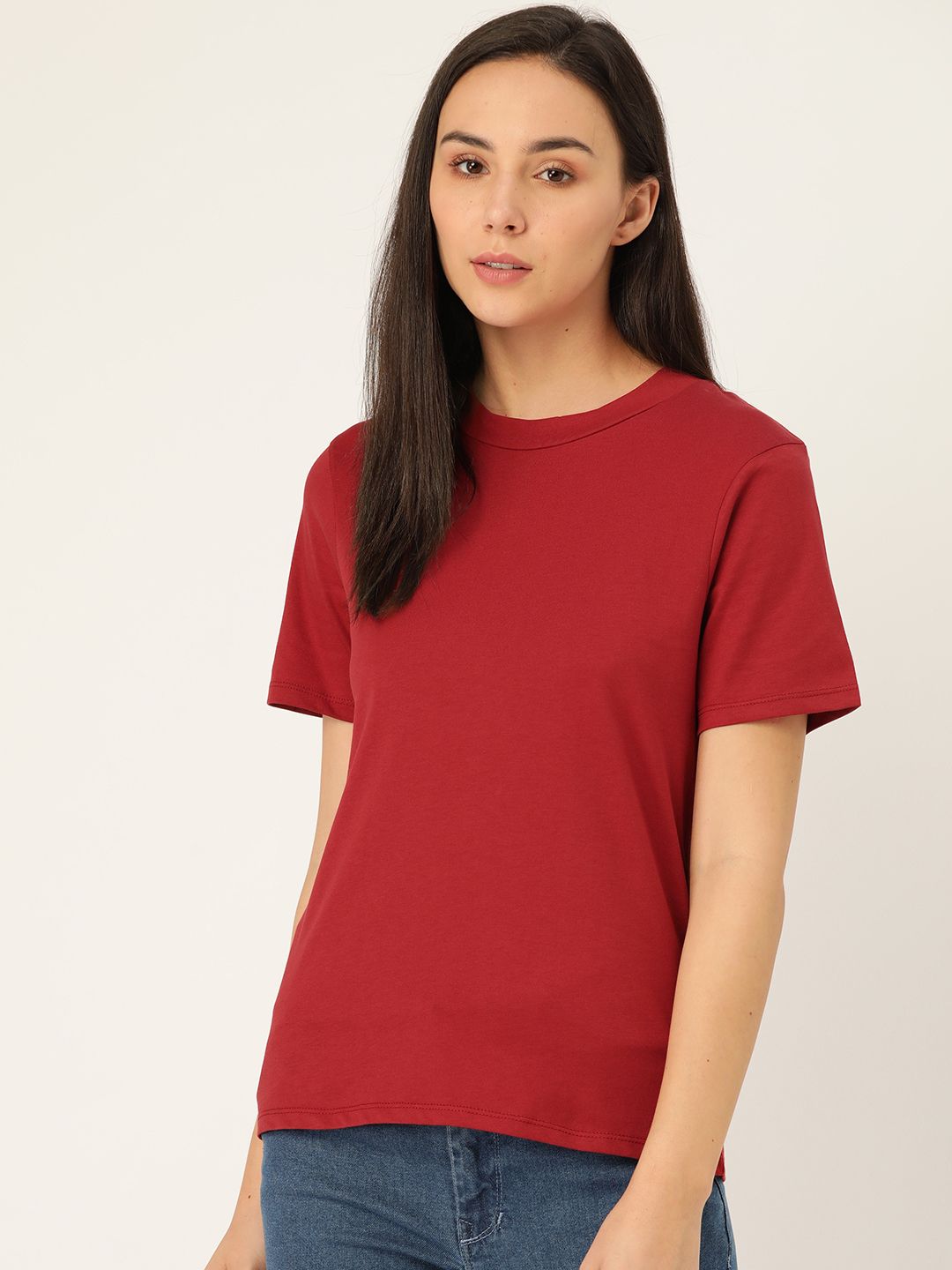 ether Women Maroon Solid Round Neck Supima T-shirt