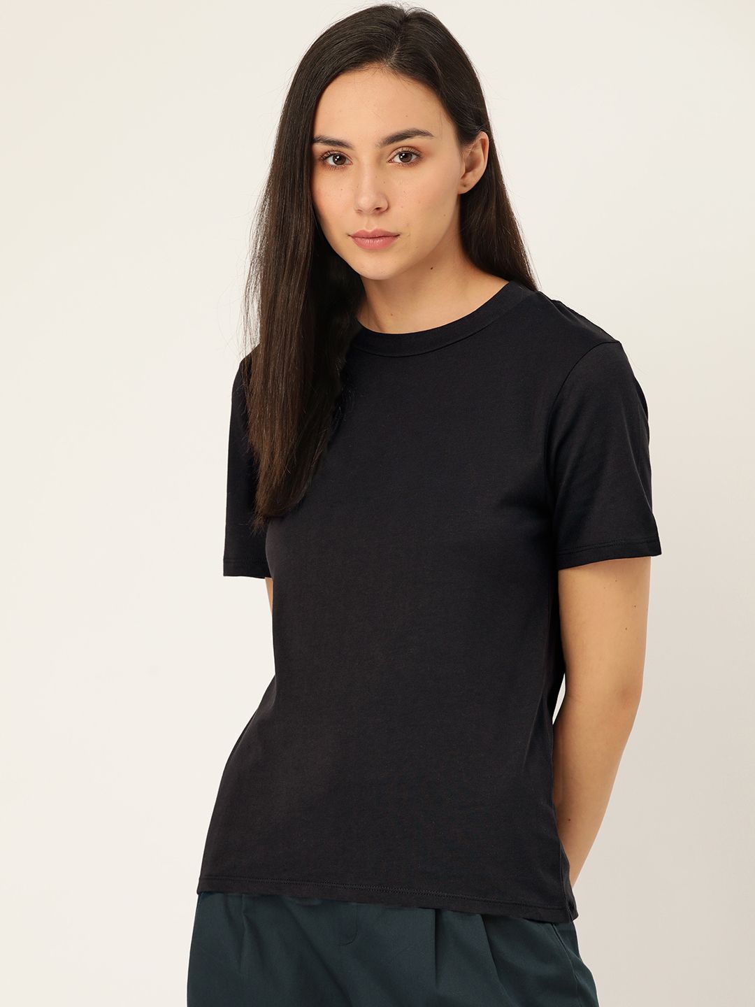 ether Women Black Solid Round Neck Supima T-shirt