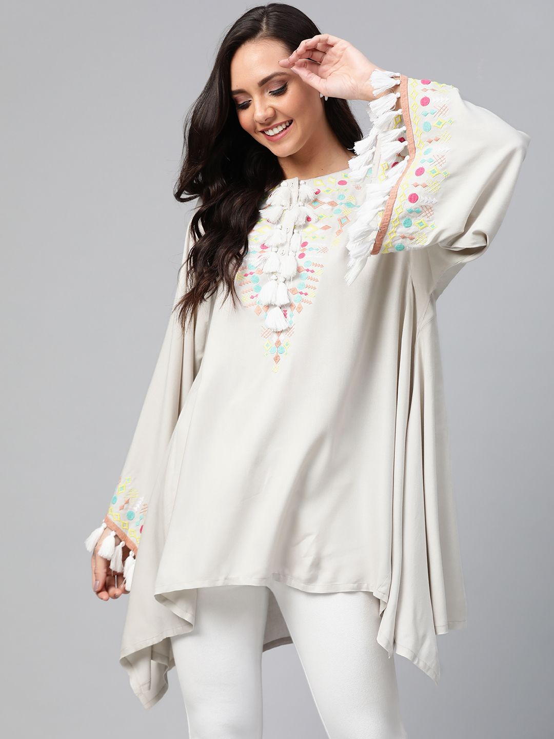 HERE&NOW Grey Embroidered Asymmetric Hem Tunic Price in India