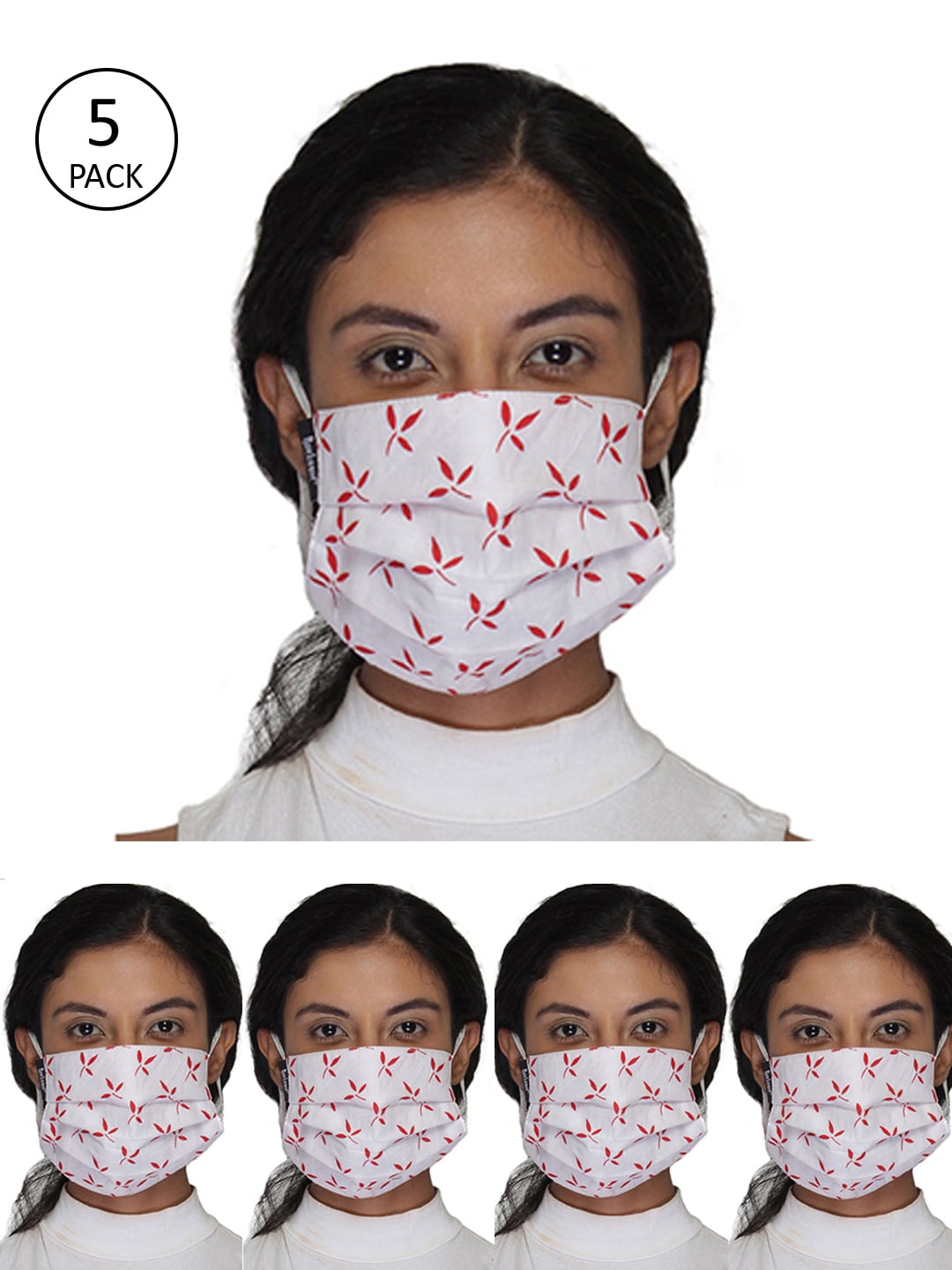 Anekaant Women White & Red Pack Of 5 Reusable 3-Ply Fabric Fashion Mask Price in India