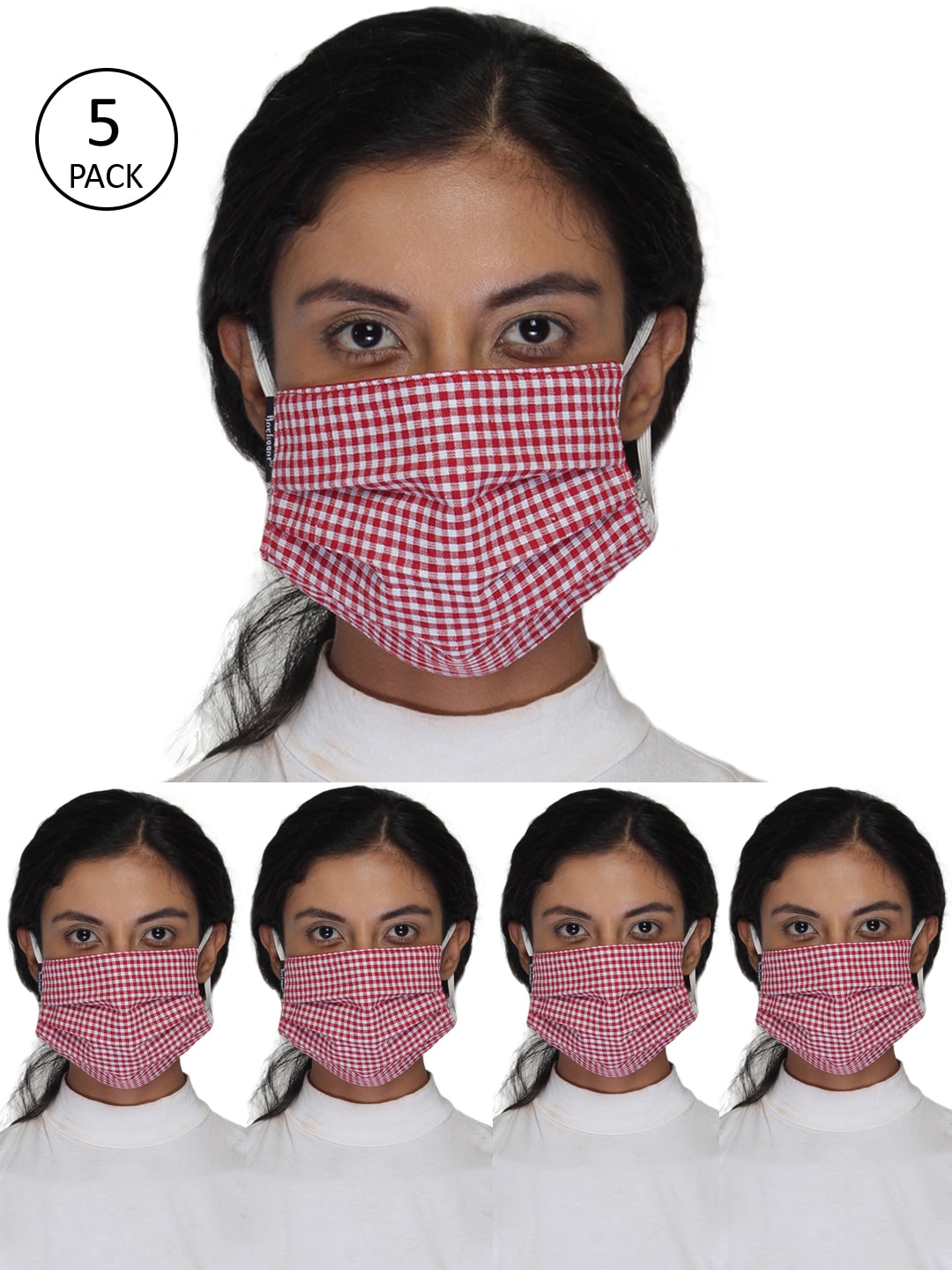 Anekaant Women 5 Pcs Red & White Checked 3 Ply Reusable Cloth Masks Price in India
