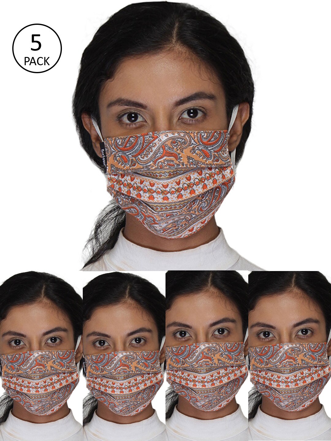 Anekaant Women Orange & White 5 Pcs 3-Ply Reusable Cotton Fabric Fashion Masks Price in India