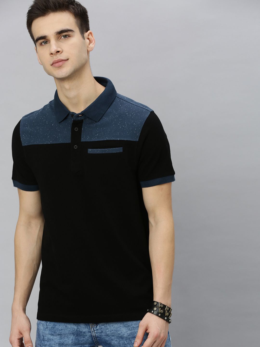 Roadster Men Black & Blue Colourblocked Polo Collar T-shirt