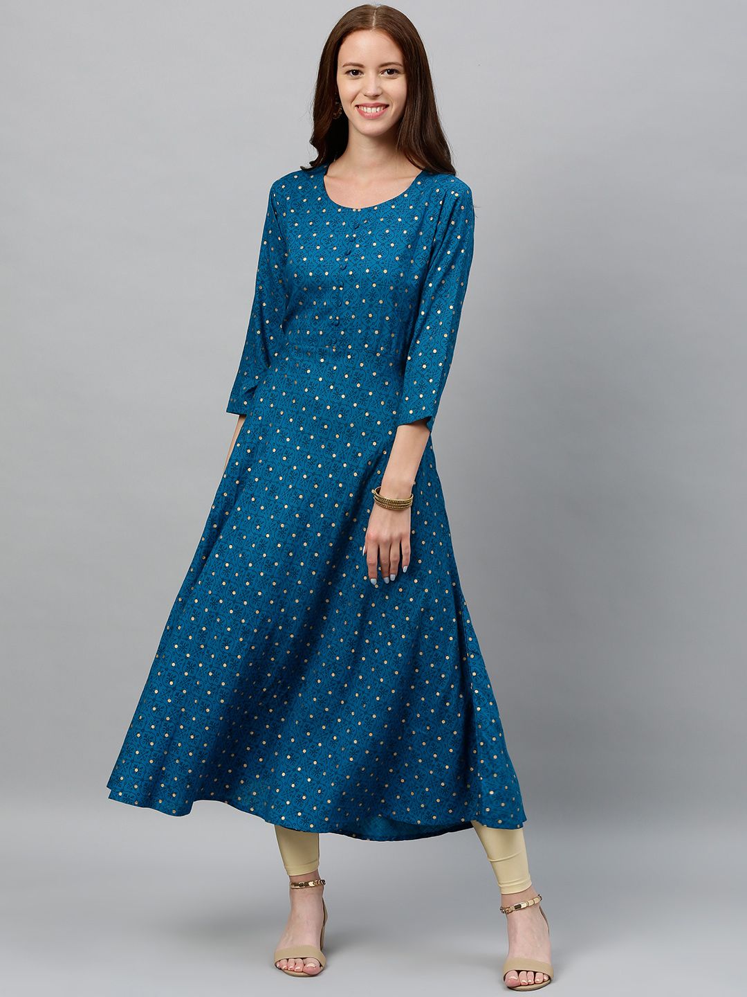 kipek Women Blue & Gold Woven Design A-line Kurta Price in India