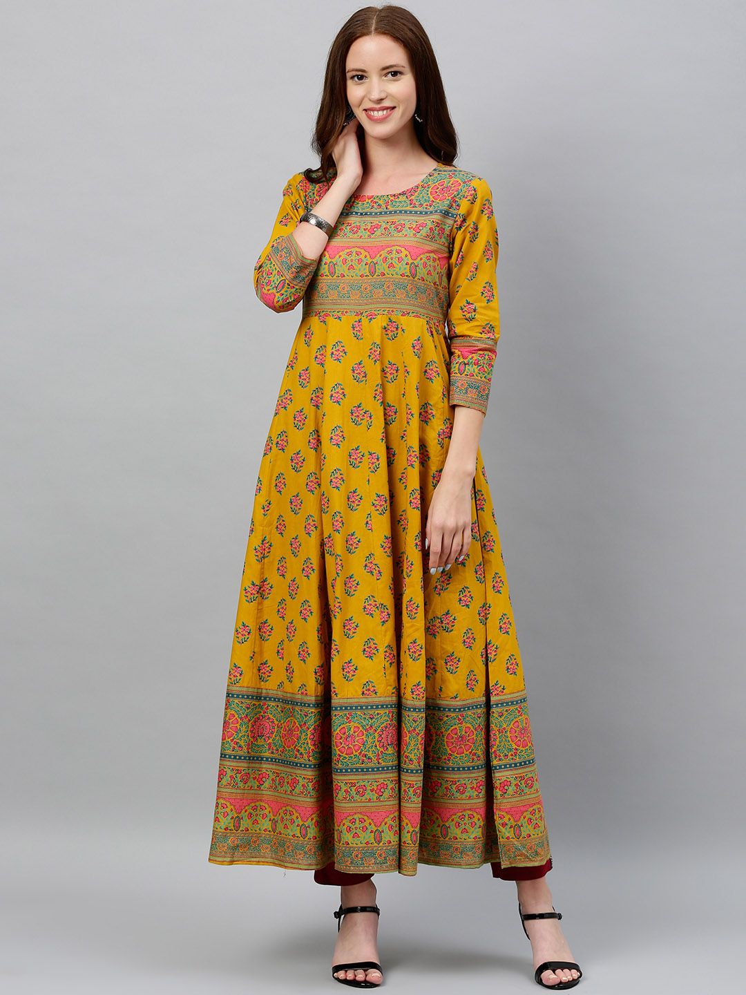 kipek Women Mustard Yellow & Pink Floral Printed A-Line Kurta with Back Tie-Ups Price in India