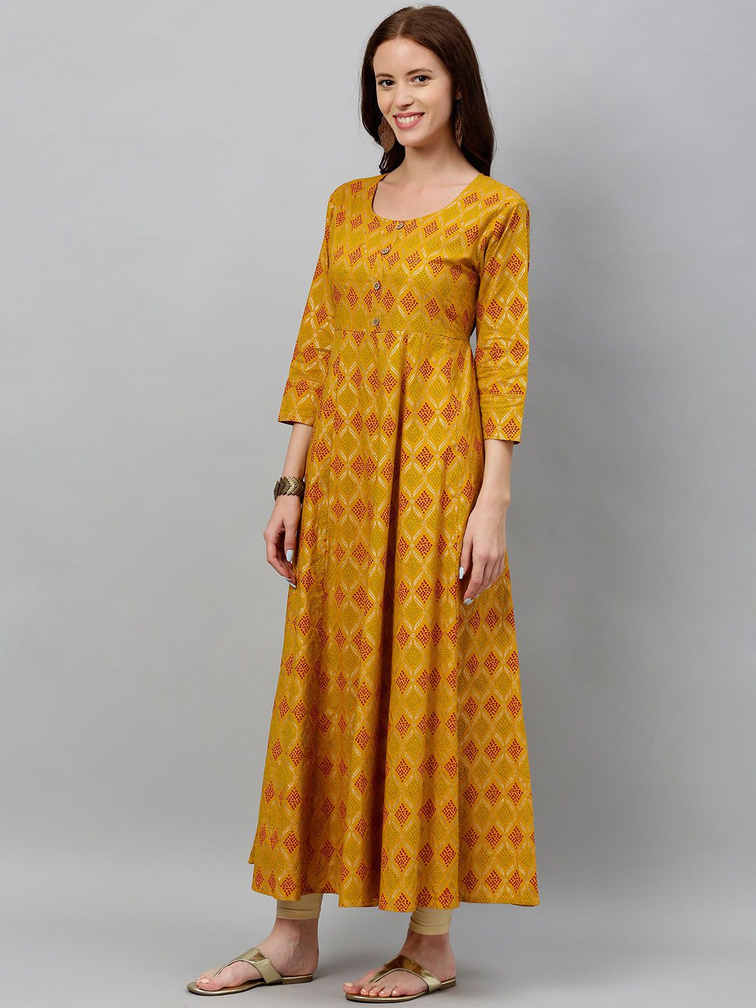 kipek Women Mustard Yellow & Red Printed Anarkali Kurta with Waist Tie-Up Detail Price in India