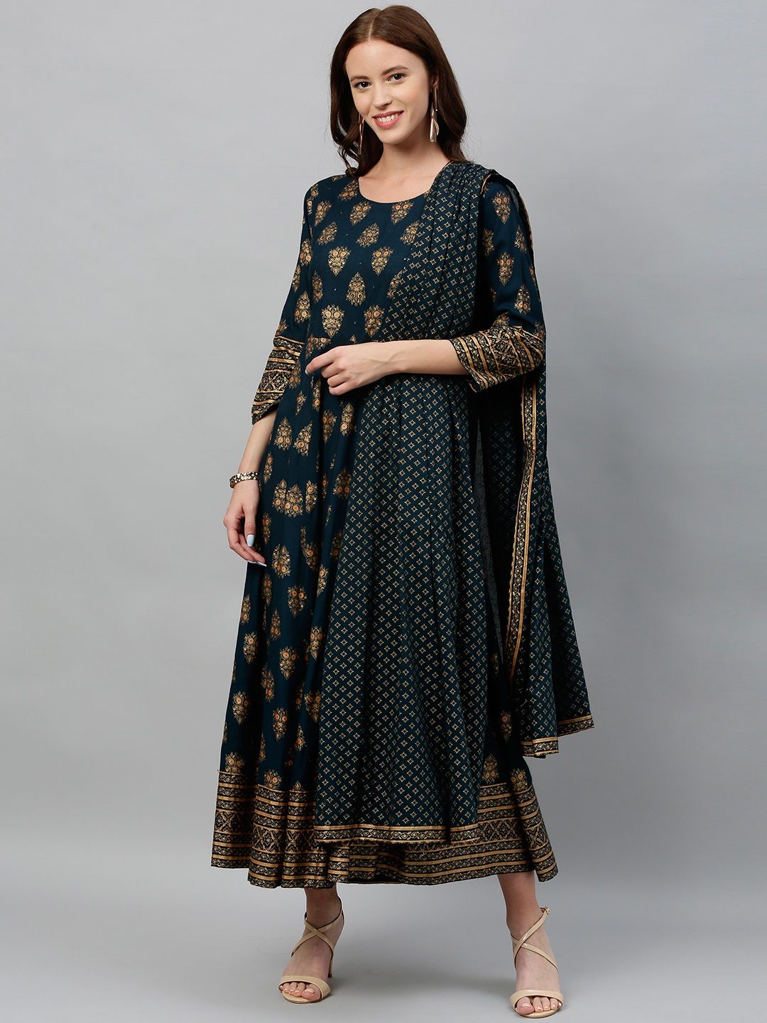 kipek Women Teal Blue & Golden Printed Anarkali Kurta with Dupatta Price in India