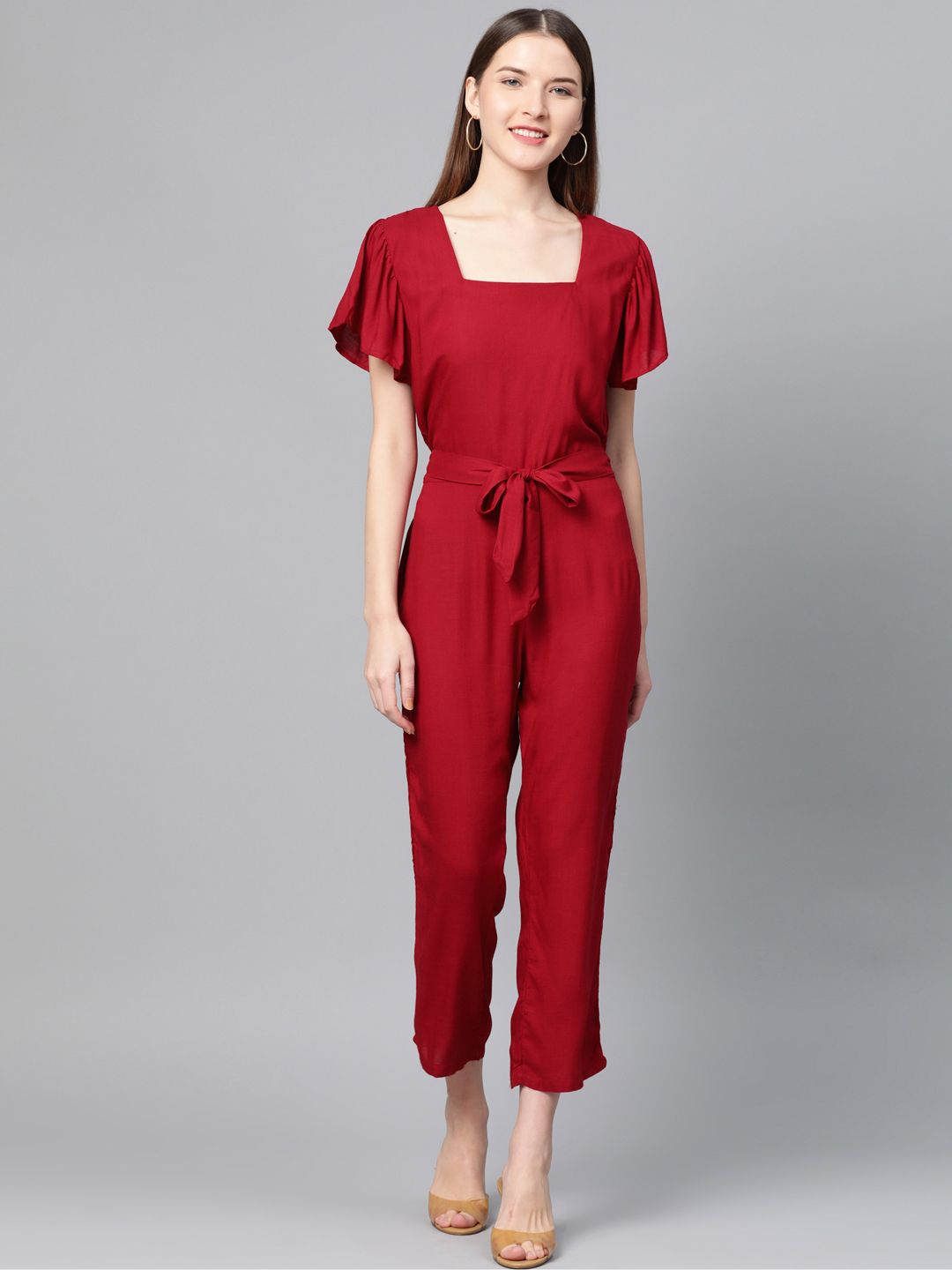 Cayman Women Maroon Solid Cropped Basic Jumpsuit Price in India