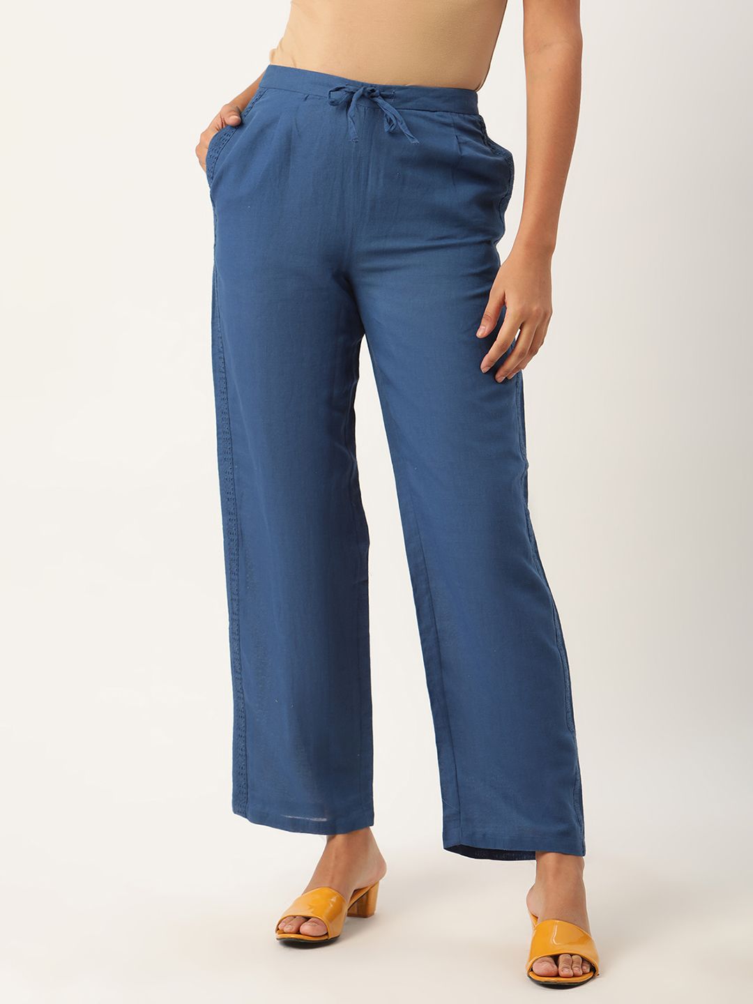 ROOTED Women Blue Regular Fit Solid Parallel Trousers Price in India