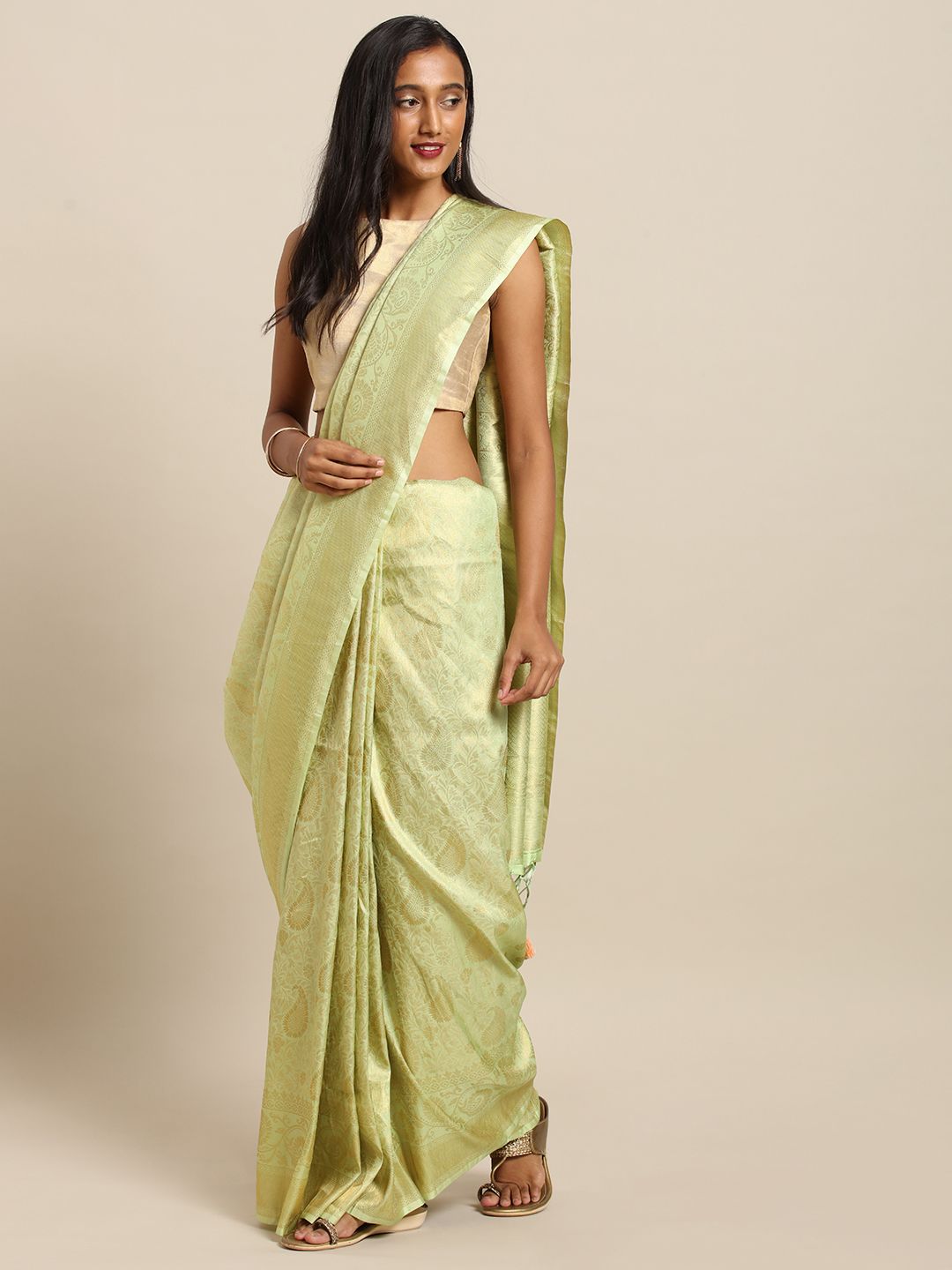 VASTRANAND Green Silk Blend Woven Design Baluchari Saree Price in India