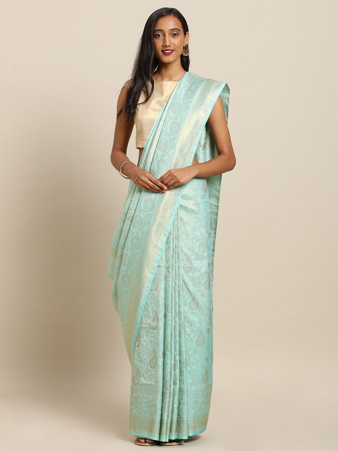 VASTRANAND Blue & Gold-Toned Silk Blend Woven Design Baluchari Saree Price in India