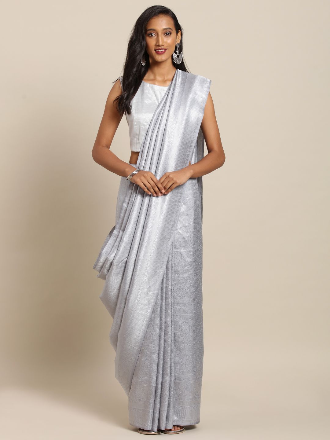 VASTRANAND Grey Silk Blend Woven Design Baluchari Saree Price in India