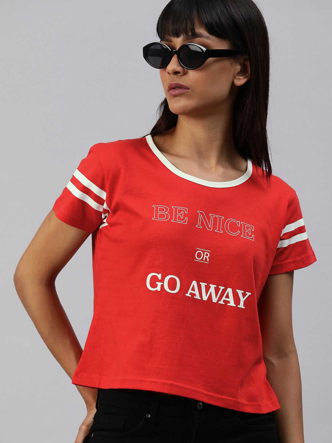 HERE&NOW Women Red Printed Boxy Round Neck Cropped T-shirt