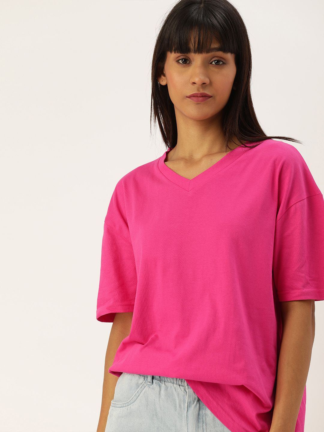 Moda Rapido Women Pink V-Neck Drop-Shoulder Cotton Pure Cotton T-shirt Price in India