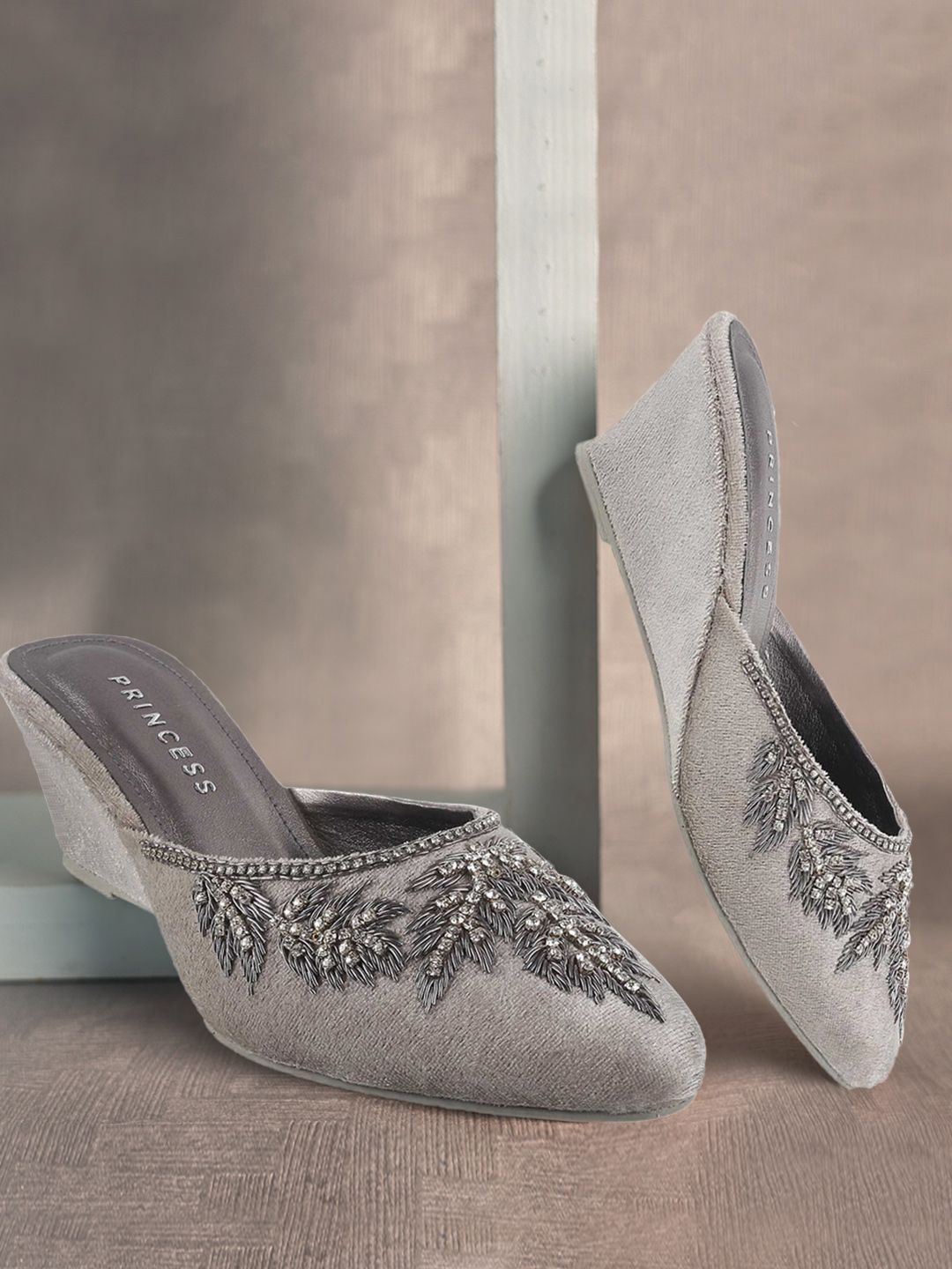 Metro Women Silver-Toned Embellished Mule Wedges Price in India